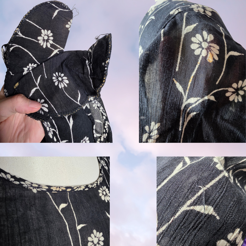 Rouge Black White Daisy Floral 100 Rayon Puff Sleeve Tie Waist Maxi Dress Size M - Picture 5 of 6